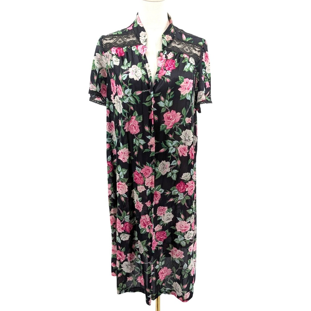 Vintage Floral House Dress Robe Black Pink Roses Lace Yoke Snap Front USA M